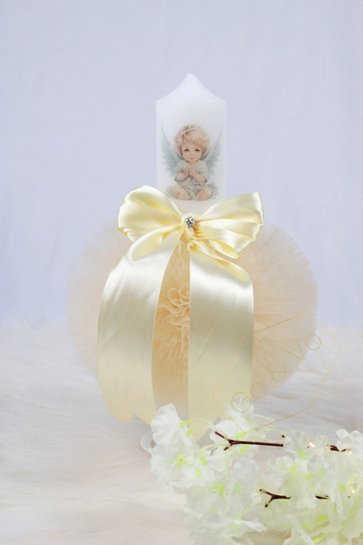 GoVo Kids Baptism Candle with Tulle, Baby Angel, 35x7 cm, Godfather Gift