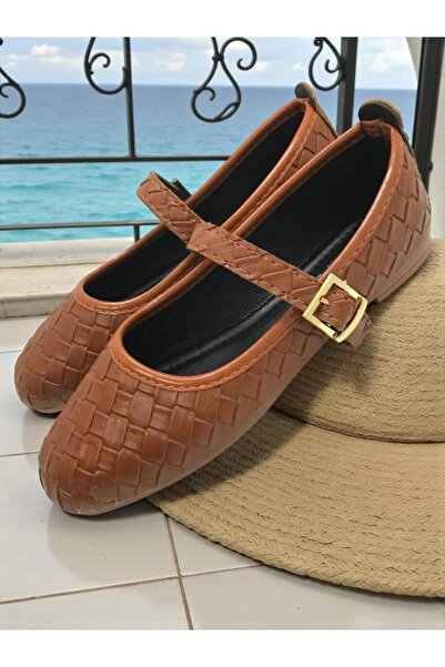 ellaboni Women's Mary Jane Knitted Patterned Tan Ballerina Shoes Orthopedic S...