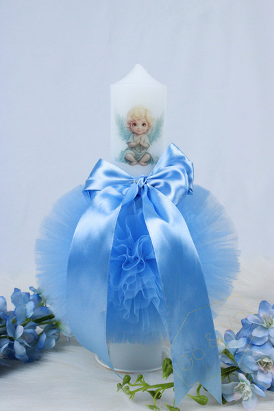 GoVo Kids Baptism Candle with Tulle, Baby Angel, 35x7 cm, Godfather Gift