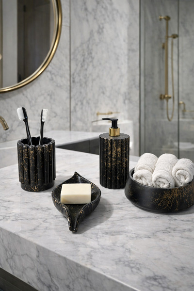 Zigzag Home Διακοσμητικό σετ μπάνιου 4 τεμαχίων με ριγέ σχέδιο, δοσομετρητής ...