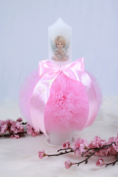 GoVo Kids Baptism Candle with Tulle, Baby Angel, 35x7 cm, Godfather Gift