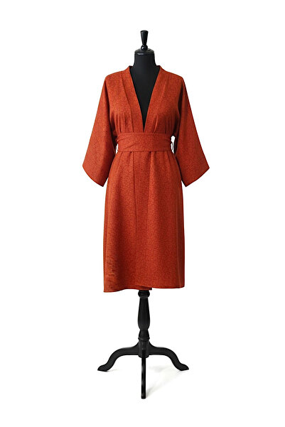 maia Kiremit Çiçek Desenli Soft Keten Kadın Kimono