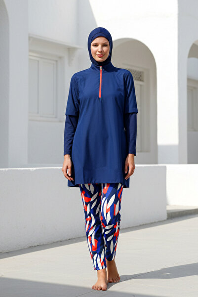 Marina Navy Blue Patterned Full Covered Hijab Swimsuit 4 Piece Parachute Fabr...