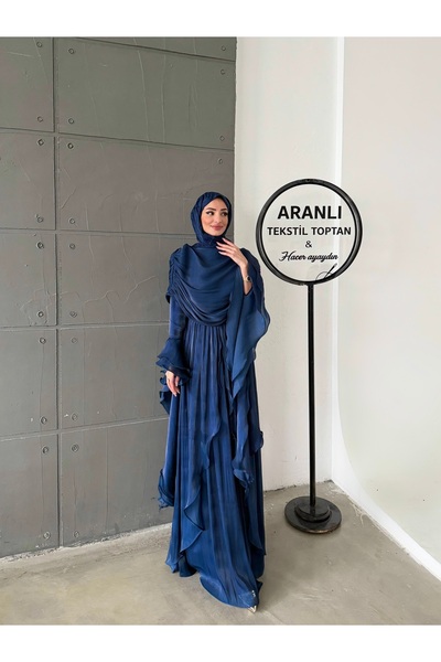 hacer ayaydın Drape Detailed Sleeves with Ruffles and Cape Hijab Evening Dres...