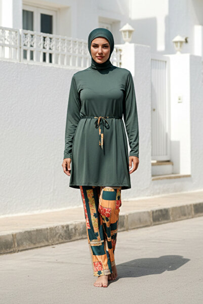 Marina Fully Covered Hijab Swimsuit Khaki Waist Tie Detailed 3-Piece Lycra Sw...