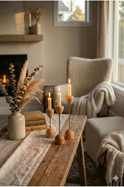 h homerest 3'lü Dekoratif Ahşap Şamdan Seti Gold Detaylı, Modern Bohem Masa Ü...