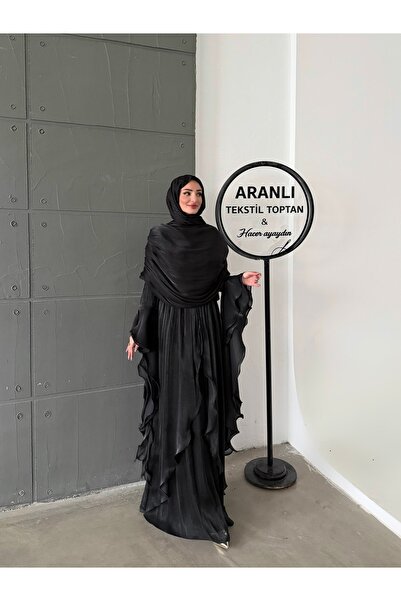 hacer ayaydın Drape Detailed Sleeves with Ruffles and Cape Hijab Evening Dres...