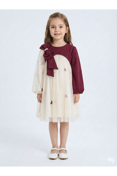 XO Kids فستان بناتي من التول المطرز بالزهور مع أكمام وربطة عنق باللون العنابي...