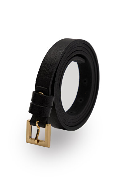 Velvoria Women's Black Color Shiny Gold Buckle Thin Leather Belt