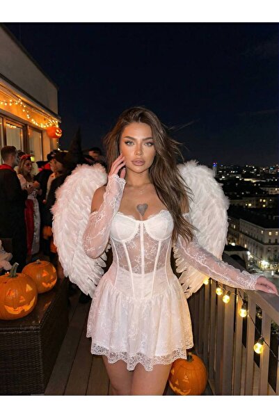 LOKADI Kadın Korseli Askılı Gloplu Dantel Mini Vong Elbise