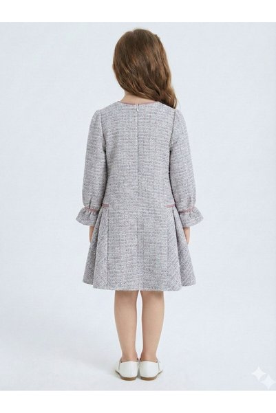 XO Kids Leather Bowknot Gathered Sleeves Tweed Girls' Dress 3-7 Years 4415