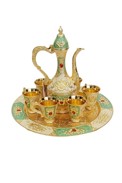 Premium Luxury Green Gold Arabic Dallah Set Embossed Tray Cups