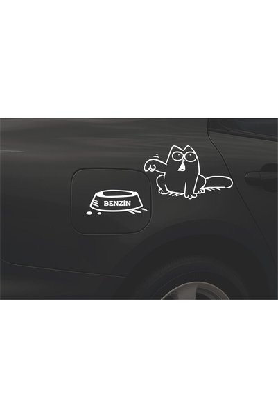 DokuzArı Araç Yakıt Deposu Kedi Temalı Benzin Yazılı Beyaz Sticker (Mama kabı...