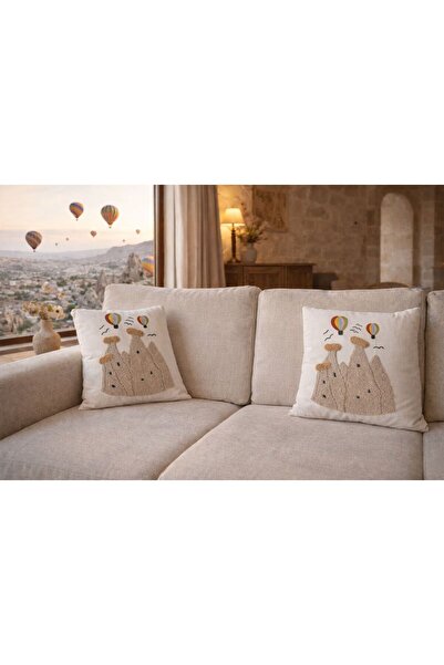 ROYALYAT Handmade Linen Duck Fabric Punch Cushion Cover (43X43) with Ürgüp Motif