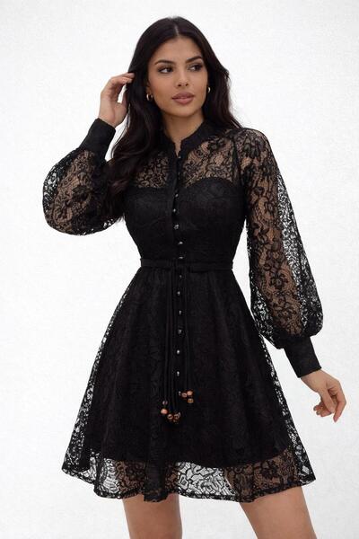 zodyak butik Boydan Düğmeli Astarlı Balon Kol Fermuarlı Güpür Elbise