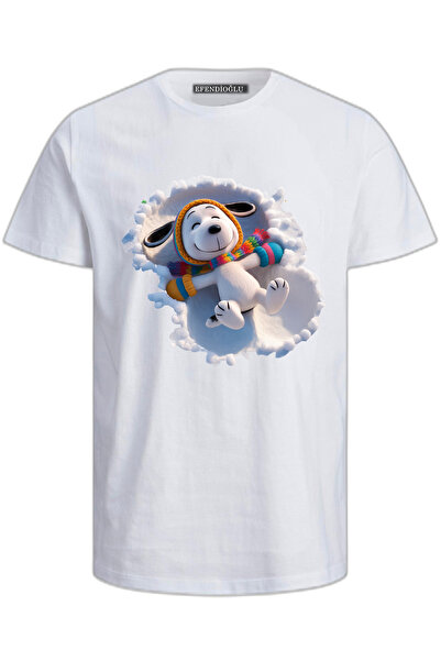 Efendioğlu Design Short-Sleeved White Snow Lying Cute Dog Printed Cotton Adul...