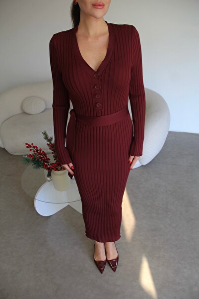 Julishop Burgundy Buttoned V-Neck Belted Bodycon Maxi Knitted Pencil Dress