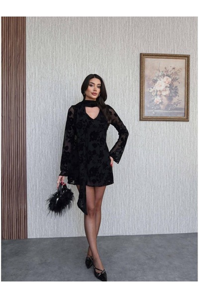 QETEENN Rochie mini de seară cu mâneci lungi și imprimeu pentru femei – Detal...