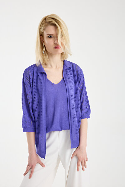 sumoda Women's Knitwear Mercerized Short Sleeve Mesh Polo Collar Cardigan