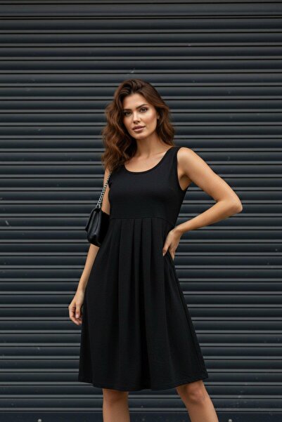 Mossta Round Neck Waist Pleated Sleeveless Aerobin Dress - Black
