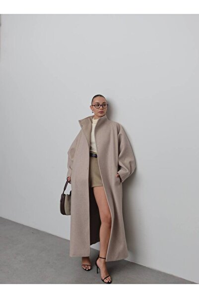 SPICA STORE Bej Oversıze Uzun Yünlü Dik Yaka Kaban