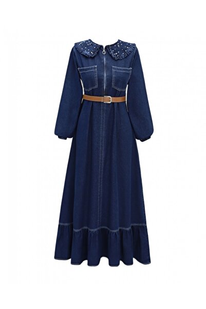 Modamorfo Baby Collar Half Zipper Pearl Detailed Belted Denim Dress - Navy