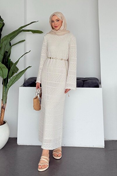 Hazamoda Ajur Örme Elbise Krem