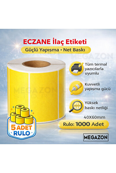 40X60 Termal Sarı Eczane Ilaç Tarif Etiketi 1000 Adet - 5 Rulo