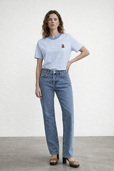 Noi Belis Striped Regular Fit Knitted T-Shirt with Teddy Bear Ss26Ts0007