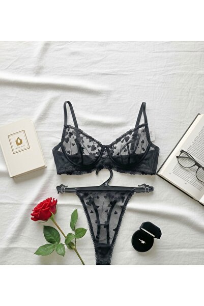 ARONA Kalp Nakışlı Tül Lingerie Takımı