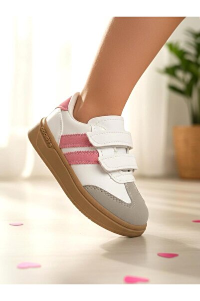 ellaboni Kız Çocuk Beyaz Pembe Cırtlı Rahat Hafif Işıklı Spor Ayakkabı Sneaker