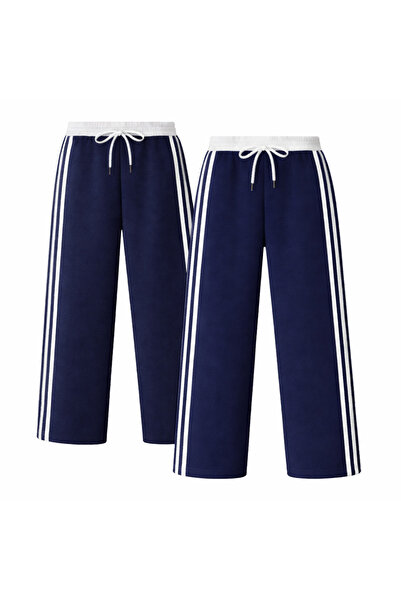 pandy 2-Piece Double Stripe White Belted High Waist Wide Leg Sweatpants