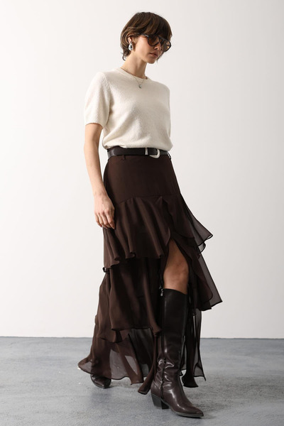 Sorridi Belted Ruffled Front Slit Chiffon Skirt