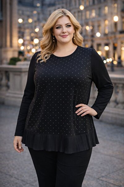 EMZAGİYİM Pleated Skirt Blouse with Stones on the Front