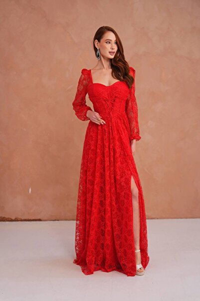 zoezoe Daliya-Ekstra Dar Klalıp Dantelli Balon Kol Korseli Önü Yırtmaçlı Abiye