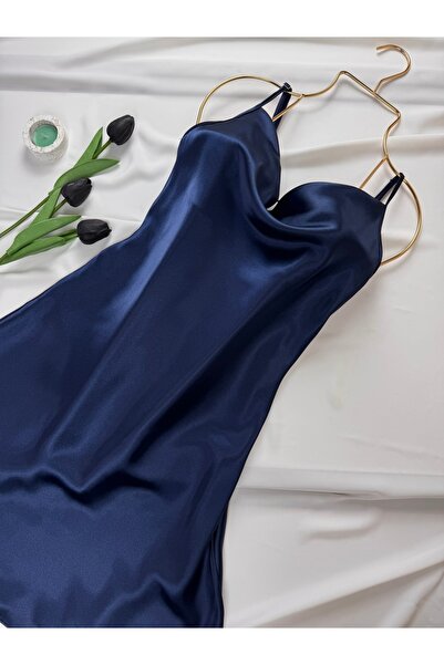 ROZENİN LINGERIE Degaje Collar Satin Strap Nightgown Dress