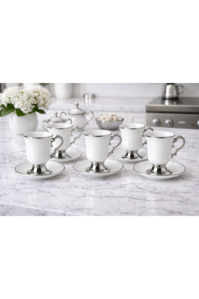 eviko Modern 6 Kişilik 12 Parça Silver Kahve Fincanı Seti