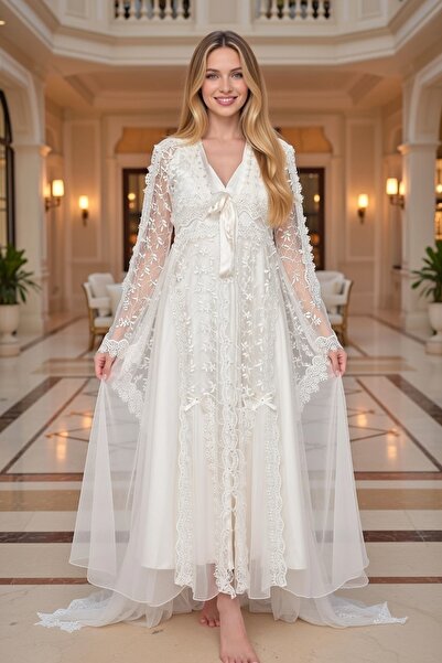 bigmama Silk Satin Embroidered Bridal Dressing Gown Set - Special Design Luxu...