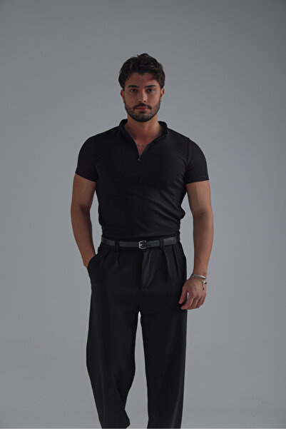 OUTFİT MAN Yarım Fermuar Slim Fit Fitilli Tshirt Siyah