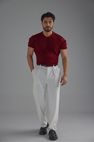 OUTFİT MAN Loose Fit Oversize Triko Tshirt Bordo