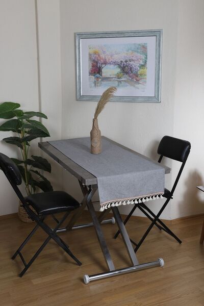 Onerose Home Keten Gri Antrasit Şeritli Ponpon Runner 150 X 45