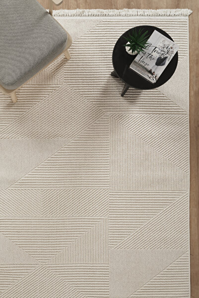 Modda Art Home Bukle Dokulu Geometrik Denge – İskandinav Dekoratif Halı Krem