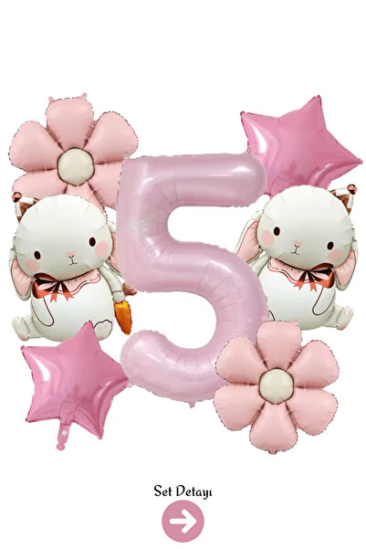 Bunloon 5 Yaş Pembe Rakam Tavşan Yıldız Çiçek Folyo Balon Set