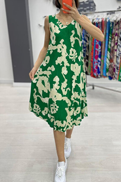 AYASOFYA OTANTIK Women's Green Beige Patterned Sleeveless Midi Dress