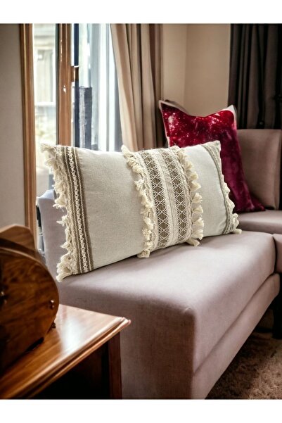 Onerose Home Özel Tasarım Kahverengi Dantelli Krem Kırlent Kırlent Kılıfı [35...
