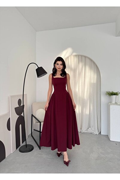 YURELİ Askılı Kare Yaka Piliseli Uzun Elbise