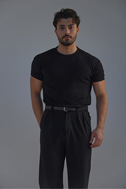 OUTFİT MAN Ribbed Kolu Lastikli Fitilli Tshirt Siyah