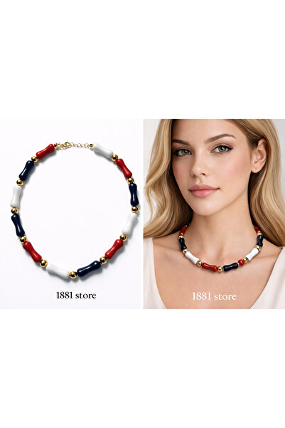 1881 STORE Navy Blue – Red – White Beaded Necklace |   Gold Detailed Bone Nec...