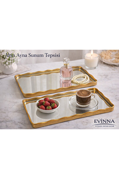 EVİNNA Altın Detaylı Aynalı Sunum Tepsisi 1 adet