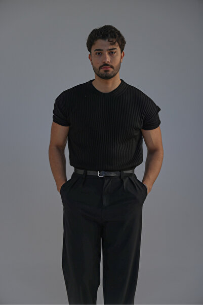 OUTFİT MAN Loose Fit Oversize Triko Tshirt Siyah